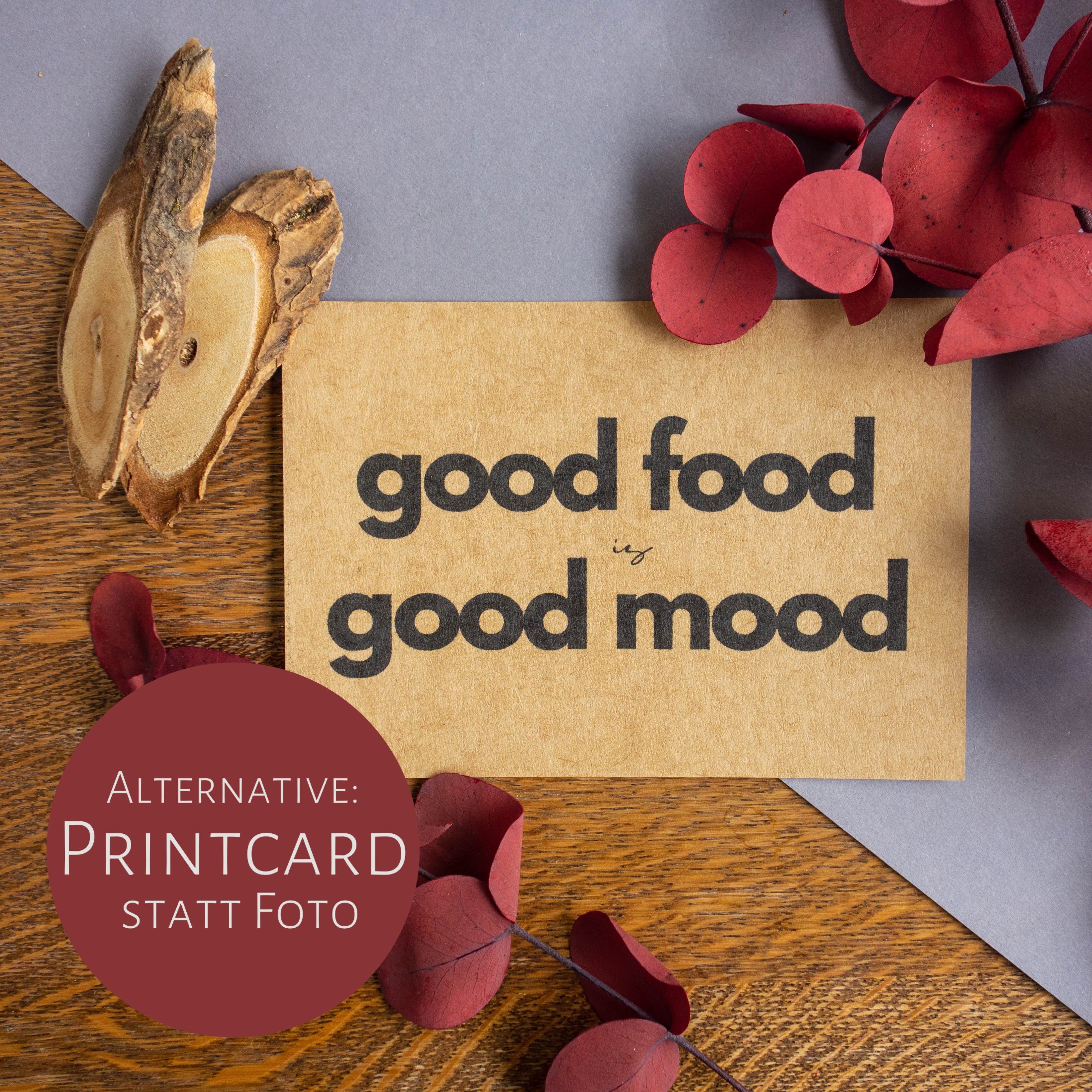 Kraftpapier mit Aufdruck "good food is good mood".